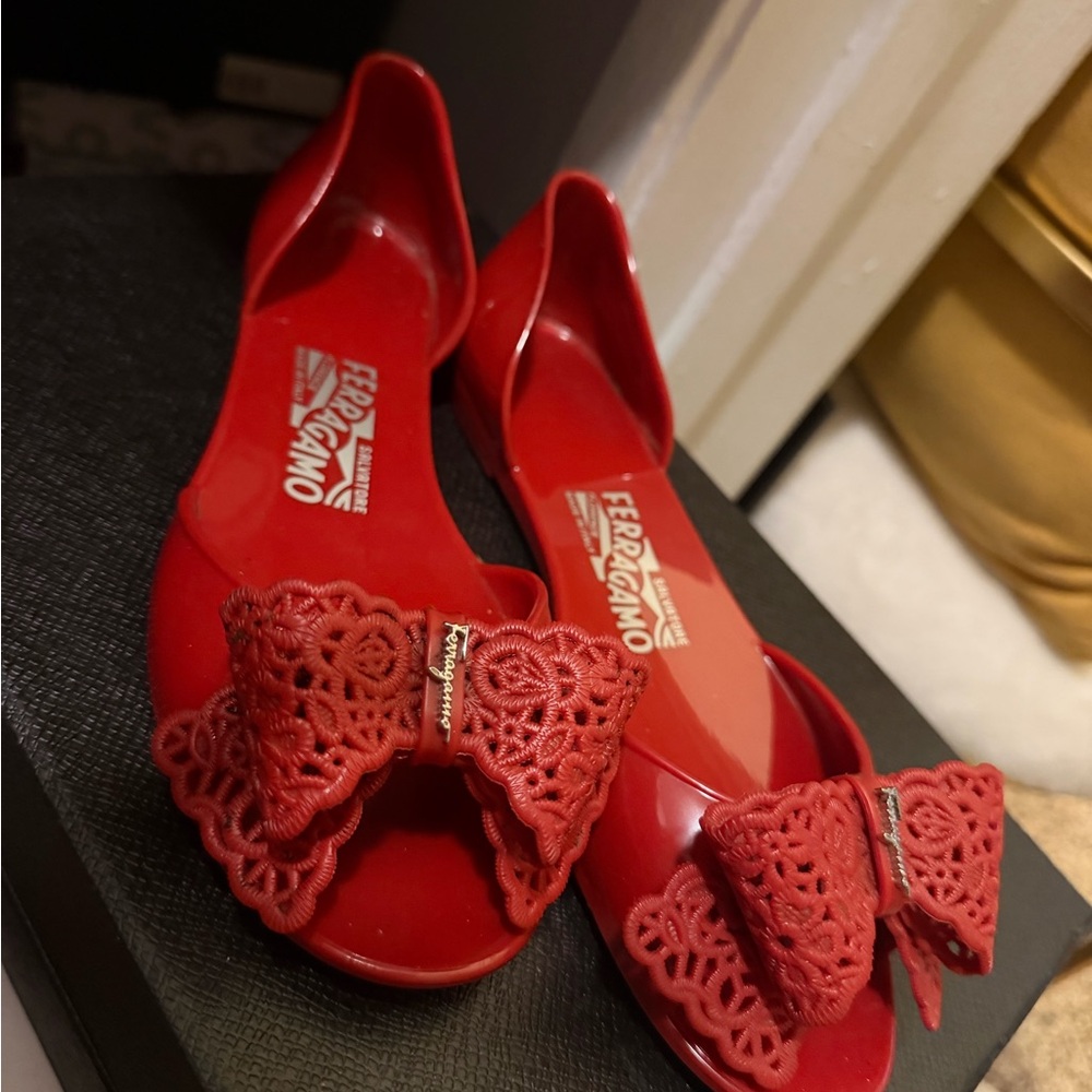 Salvatore Ferragamo Red Lace Bow Jelly Flats